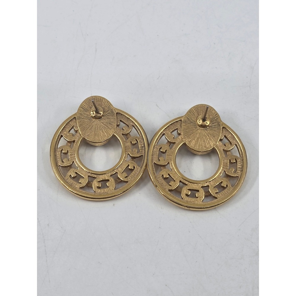 Vintage Gold Tone Door Knocker Earrings Gray Faux Stone Cabochon Greek Key Studs - Picture 4 of 6